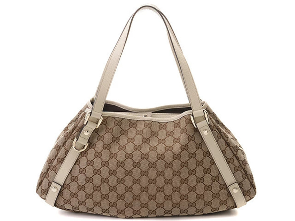 Gucci Shoulder Bag GG Canvas Leather Beige Cream Ivory White